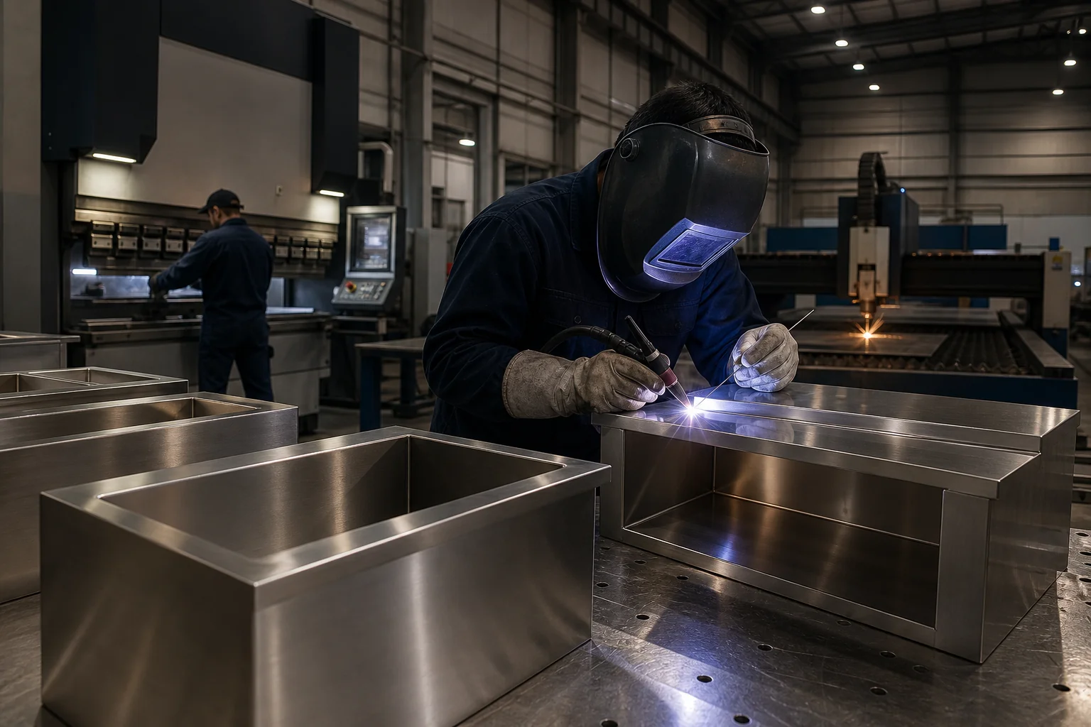 TIG welding custom stainless steel wall niches in a precision metal fabrication workshop