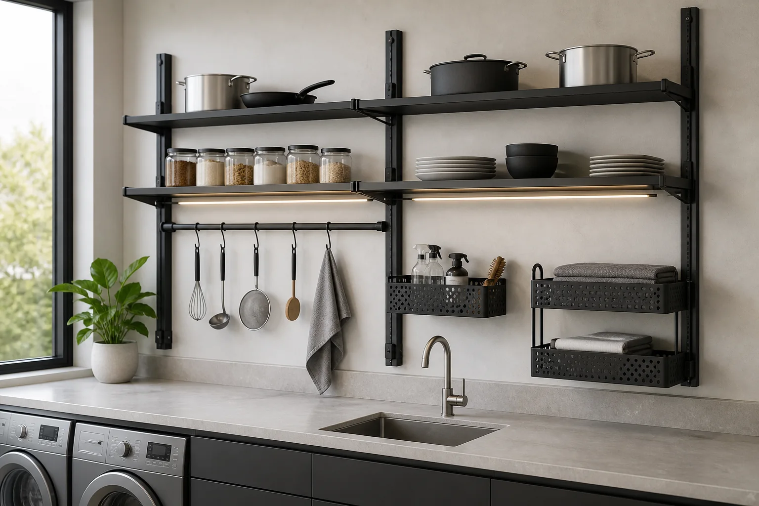 Custom aluminum alloy wall shelves with dark finish in a modern bathroom and living space