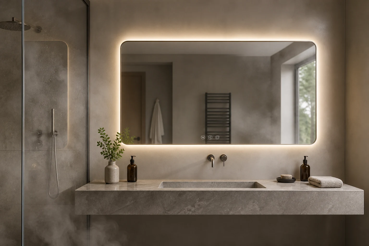 Clear anti-fog LED bathroom mirror in a softly steamed contemporary shower room