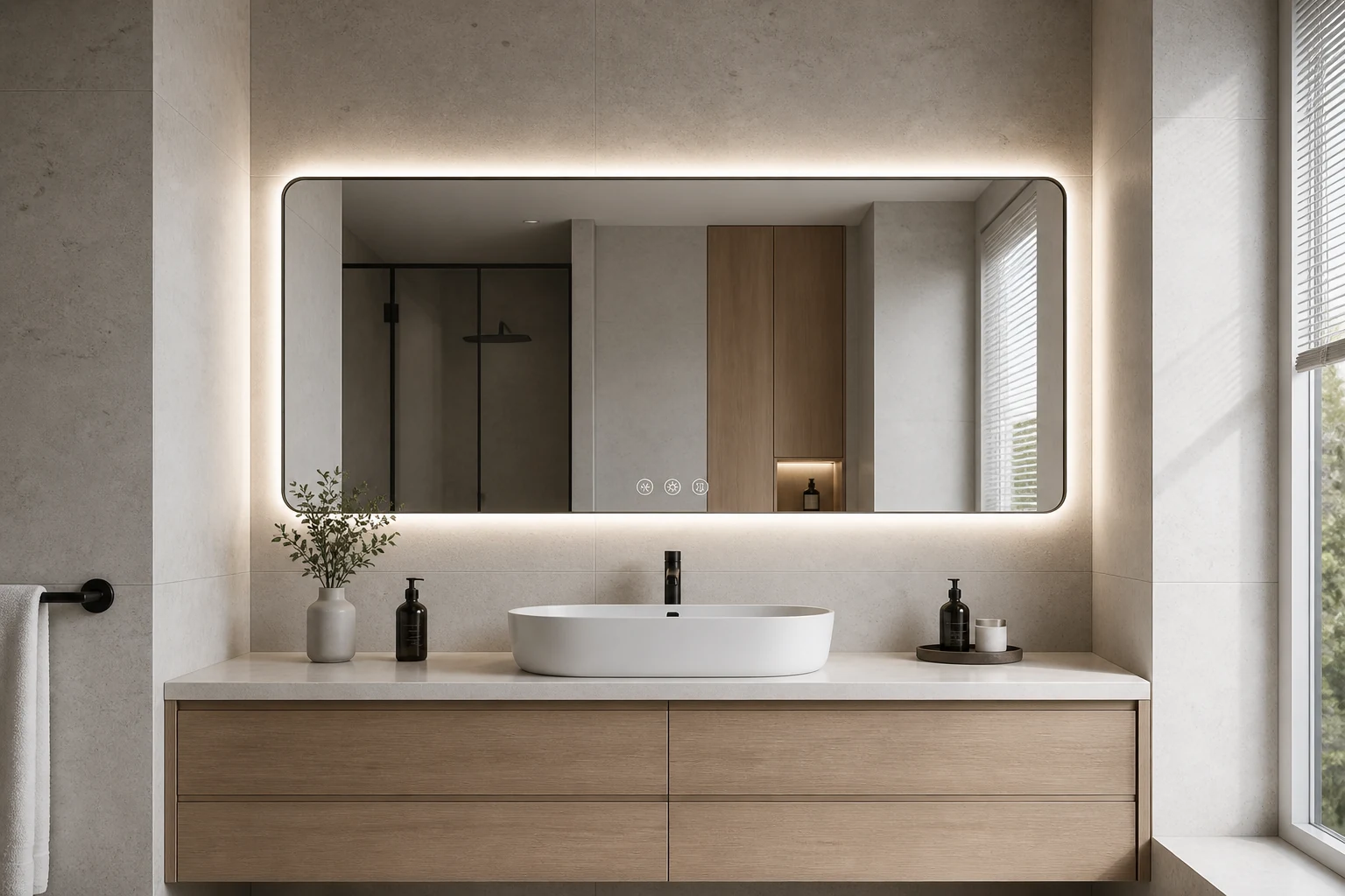 Custom-width LED vanity mirror aligned precisely between stone wall returns above a floating vanity