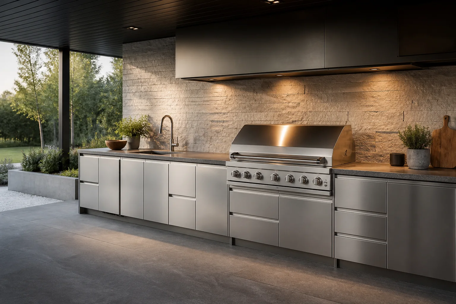 Custom stainless steel kitchen cabinets with integrated appliances, drawers and preparation island