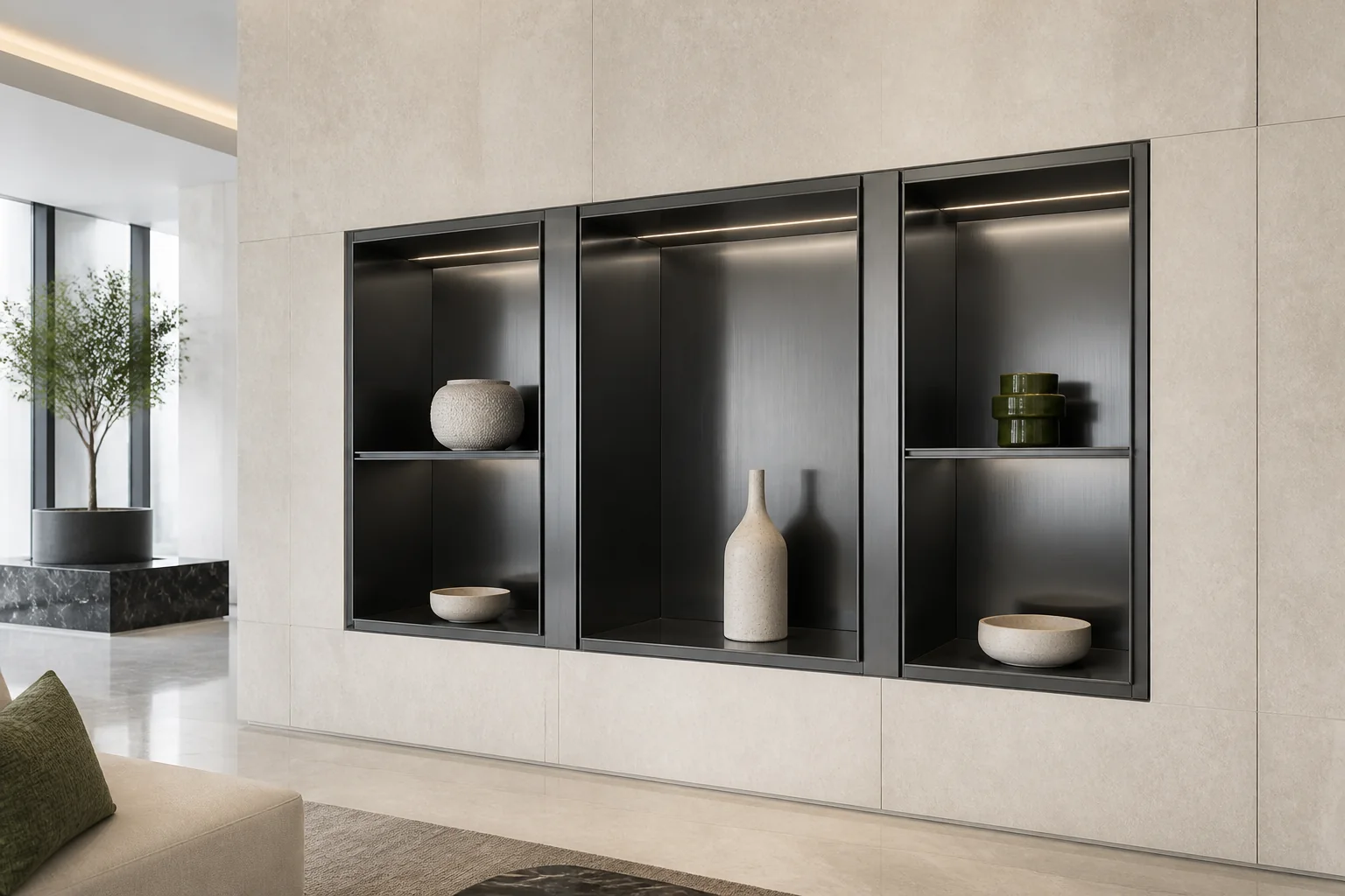 Three custom gunmetal stainless steel wall niches recessed into pale stone wall panels