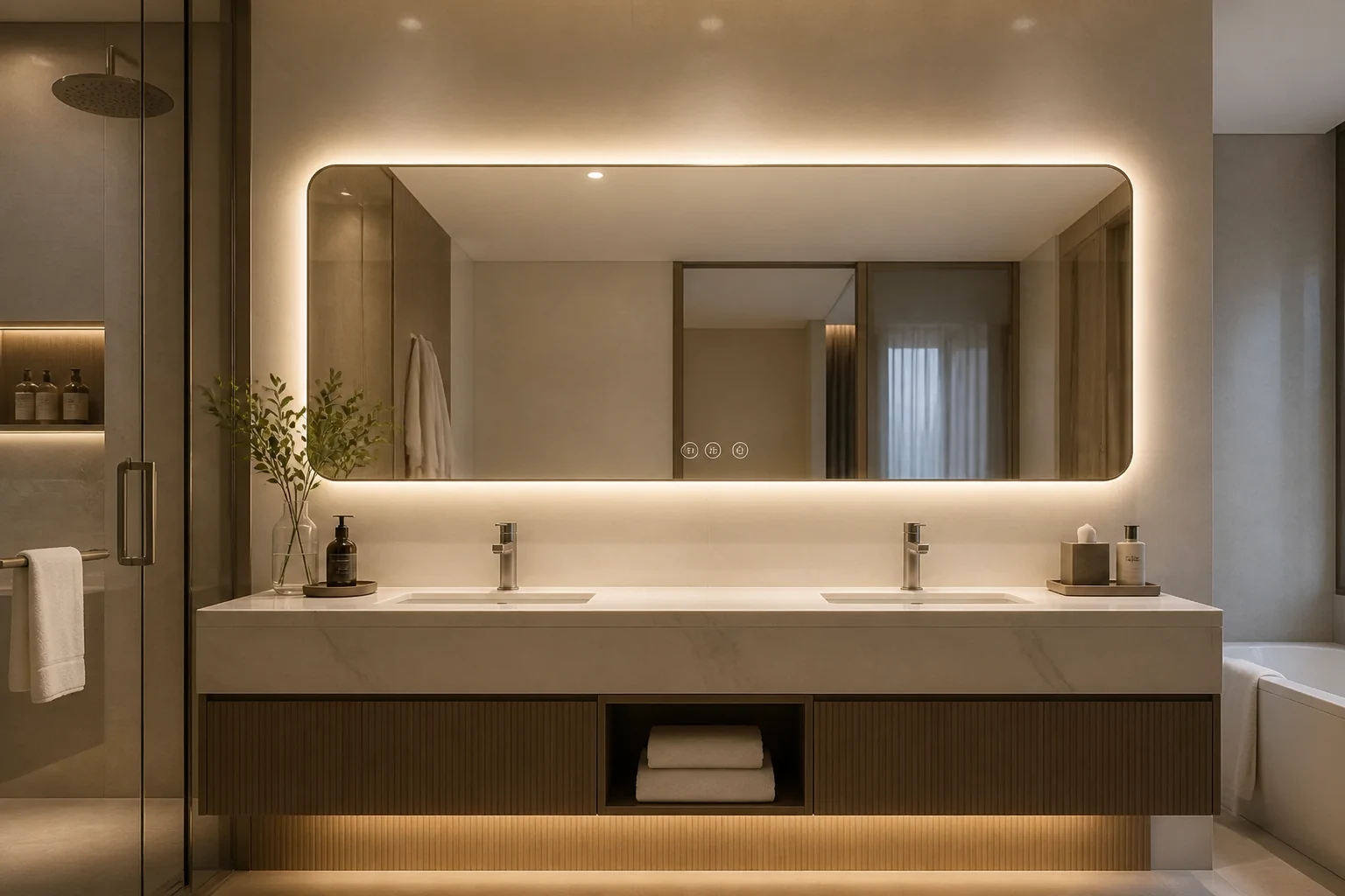 Custom-width LED bathroom mirror above a double vanity in an upscale contemporary hotel bathroom