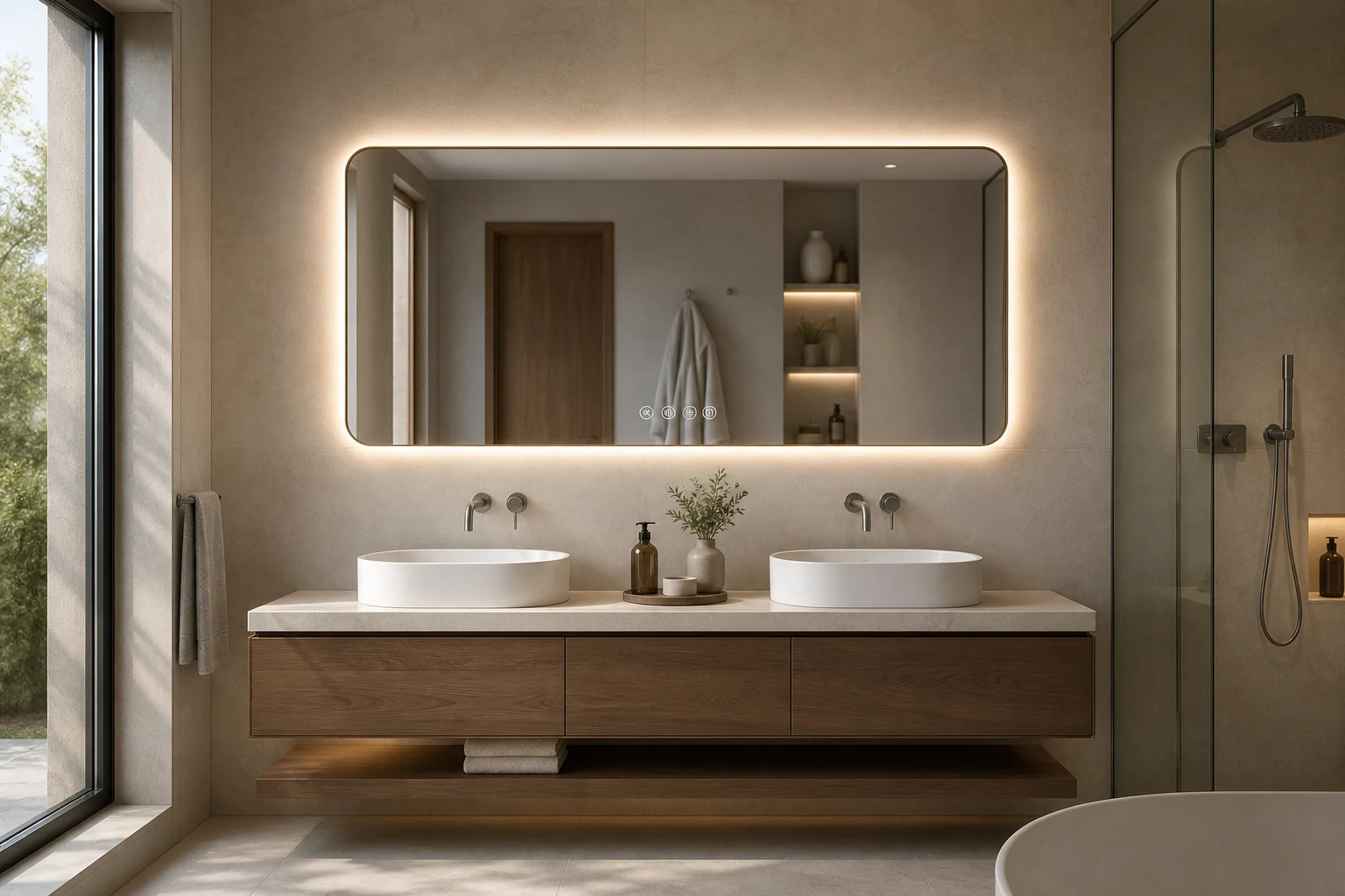 Wide LED smart bathroom mirror with warm backlighting above a modern double vanity