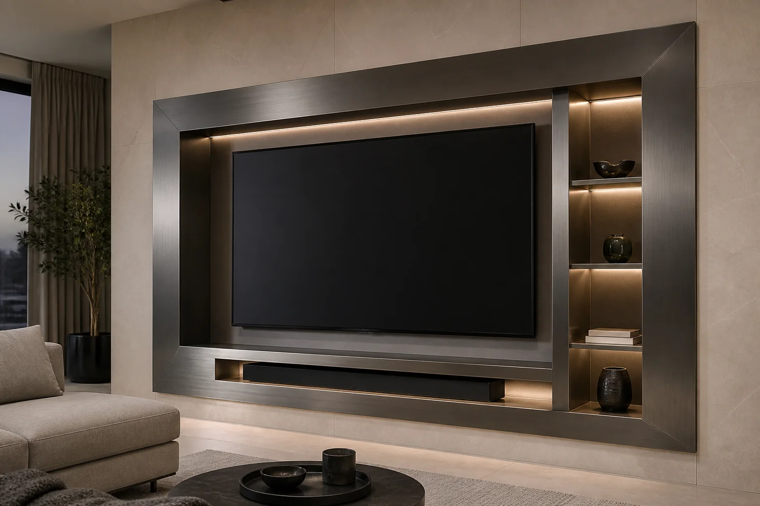 Illuminated stainless steel TV wall niche with side display shelves in a modern interior