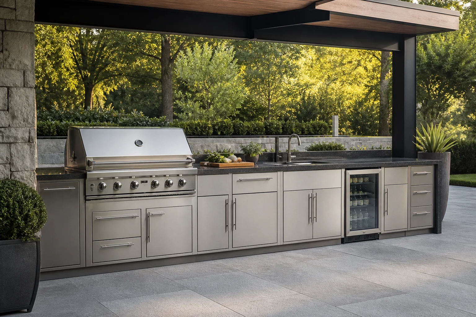 Complete brushed stainless steel outdoor kitchen cabinet run with grill, sink, refrigerator and drawers under a covered patio