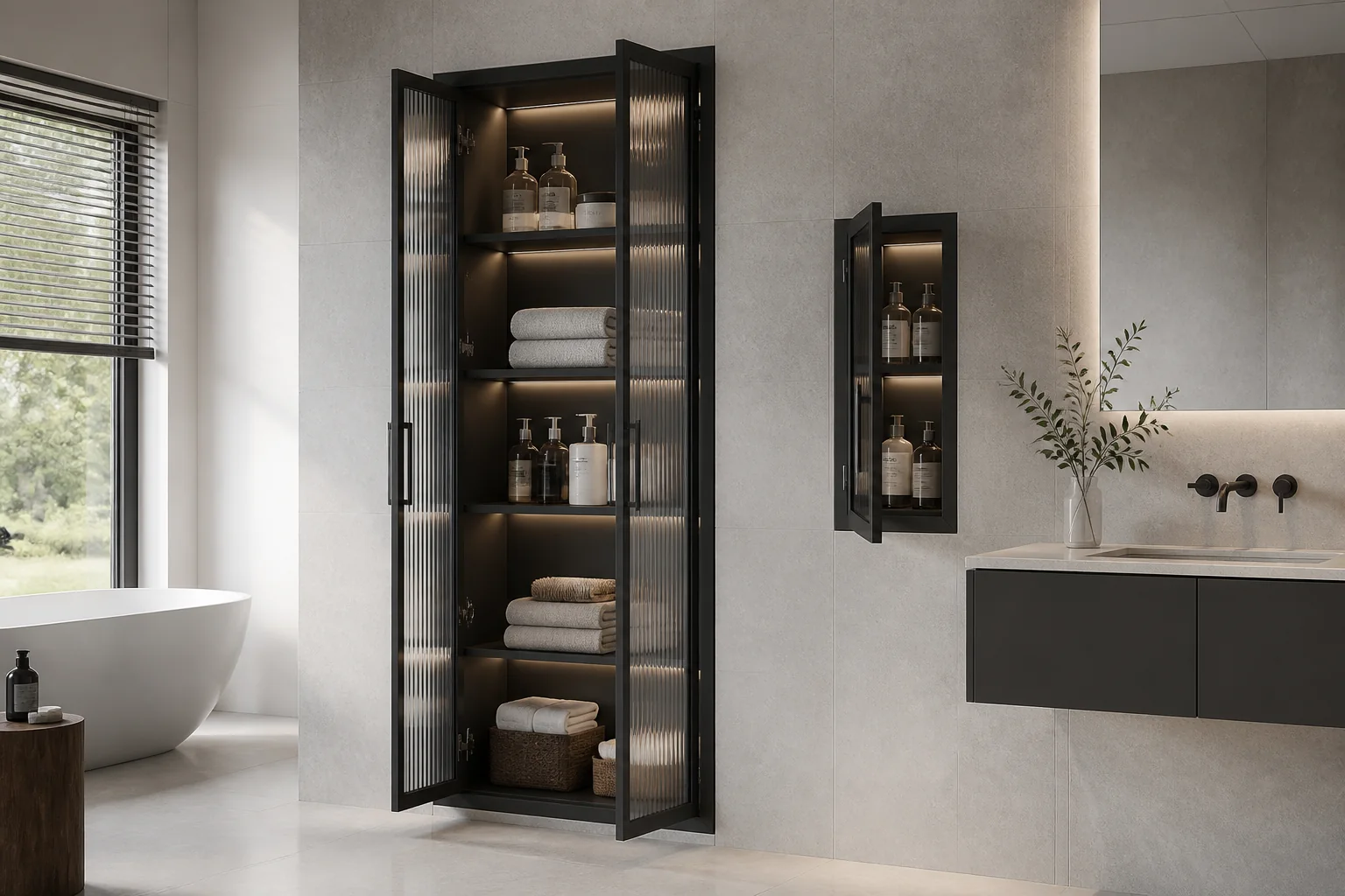 Tall matte black stainless steel recessed storage cabinet with open fluted glass doors and illuminated shelves in a modern bathroom