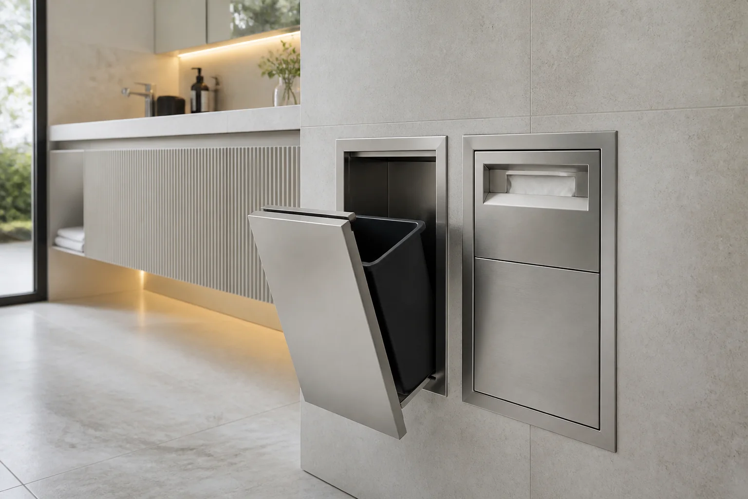 Open recessed stainless steel trash bin niche with removable inner bin beside a tissue compartment
