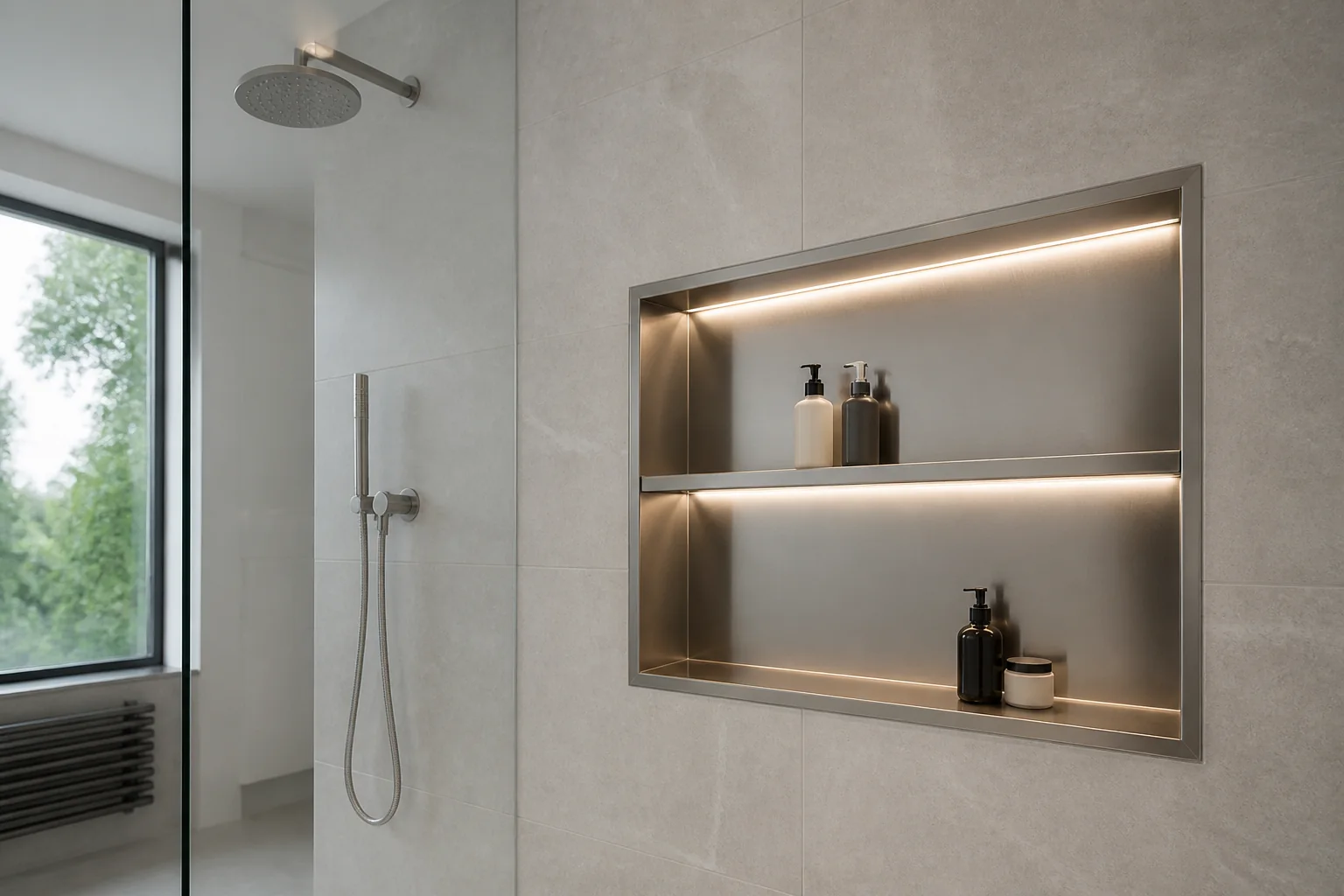 Large brushed stainless steel shower niche with two shelves and warm LED lighting