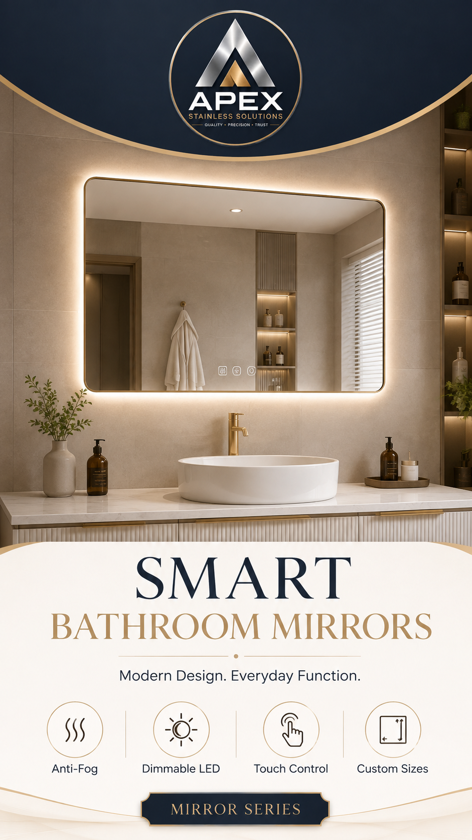 LED Smart Bathroom Mirror with Anti-Fog, Touch Control & 3-Color Dimmable Light – Custom Size Wall-Mounted Vanity Mirror