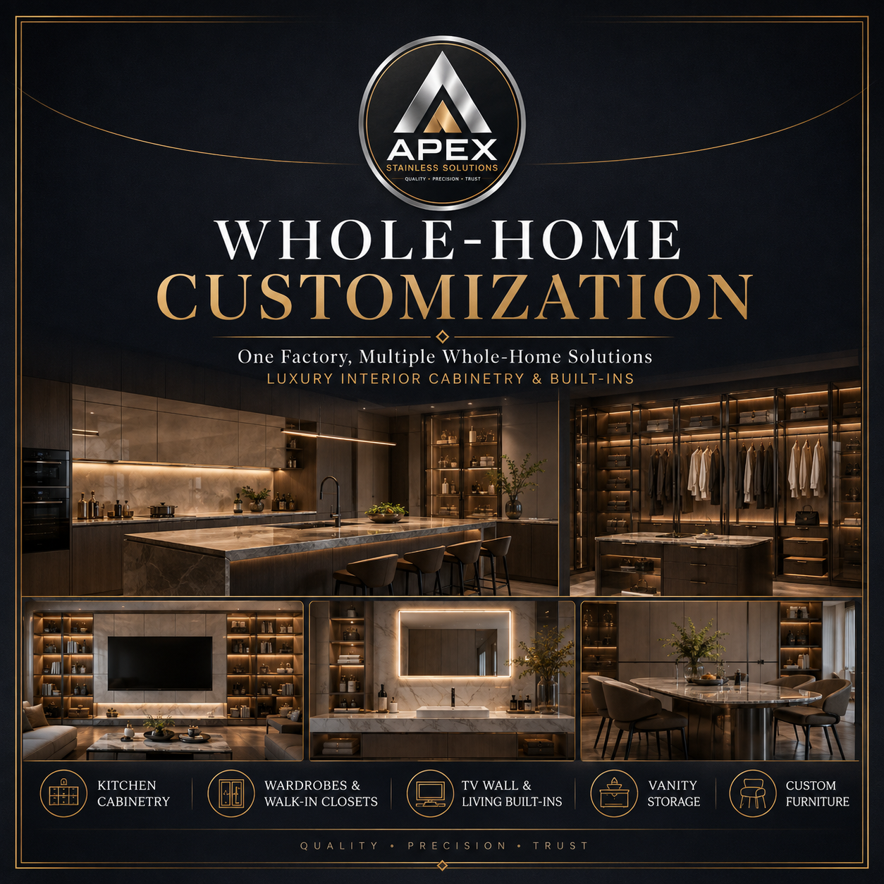 Whole-home custom cabinetry systems coordinated across residential rooms