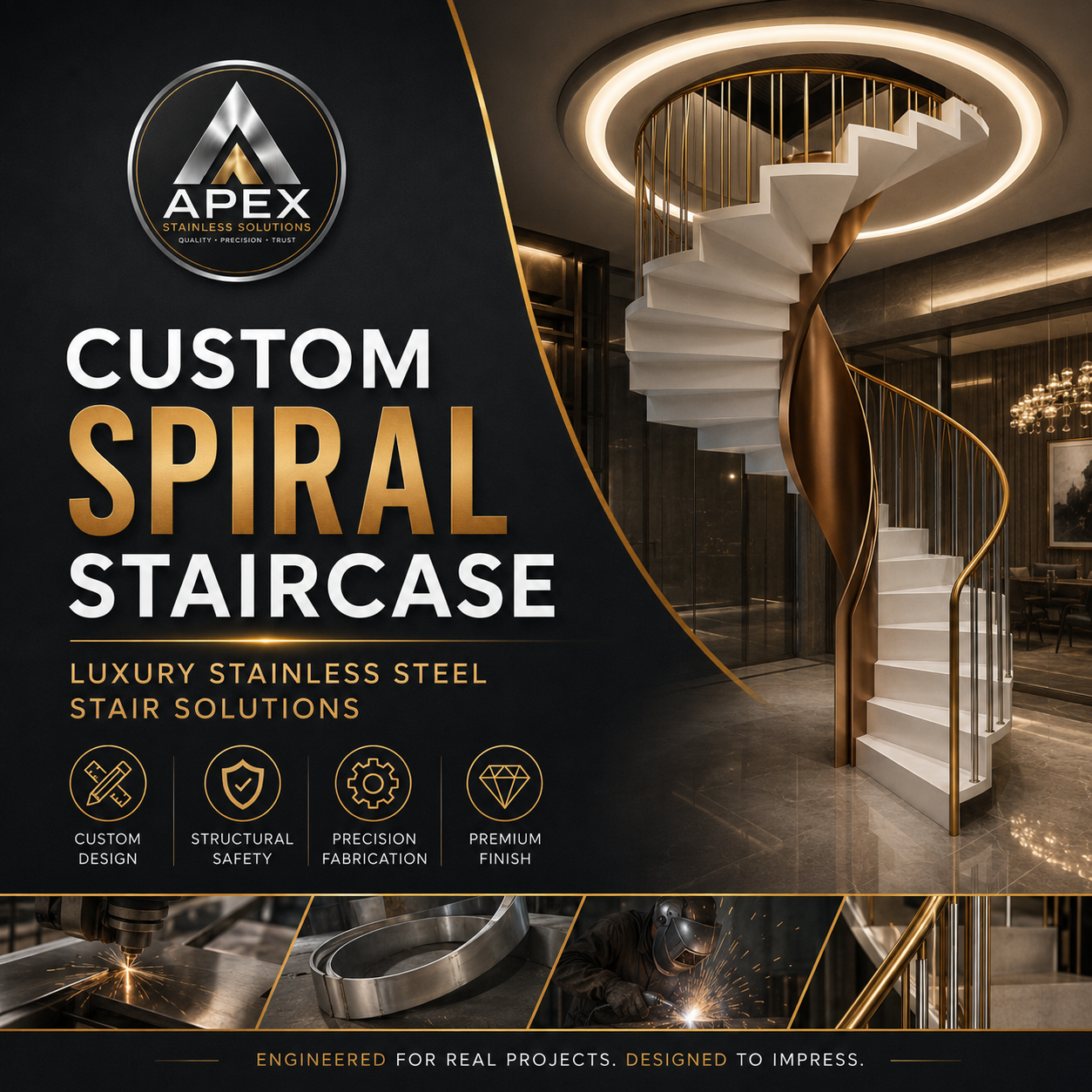 Custom stainless steel spiral staircase for an architectural project