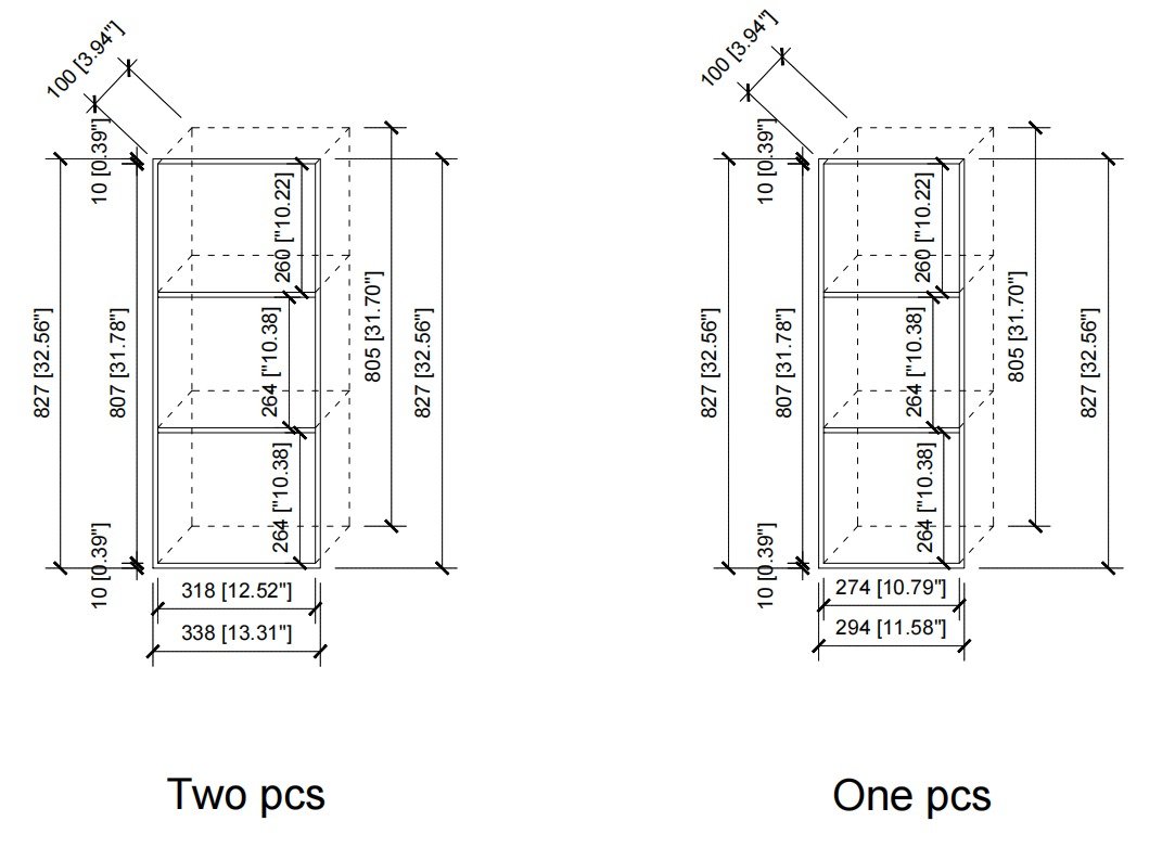 Dimension drawing for two wide and one narrow three-compartment shower niche