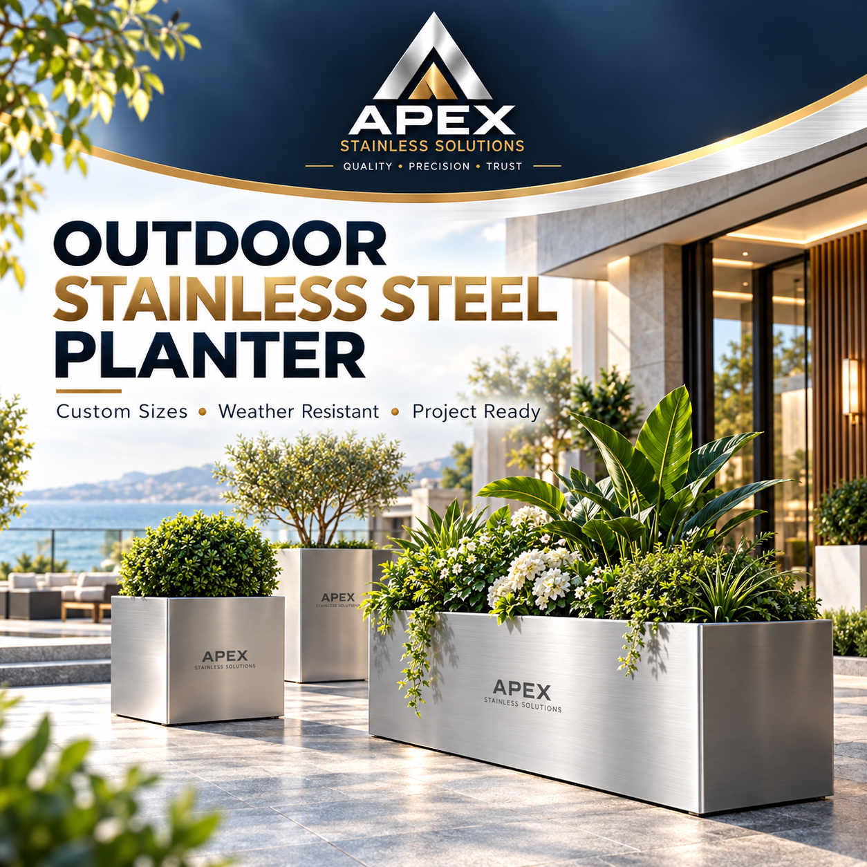 Custom Outdoor Stainless Steel Planters for Builders, Developers and Dealers